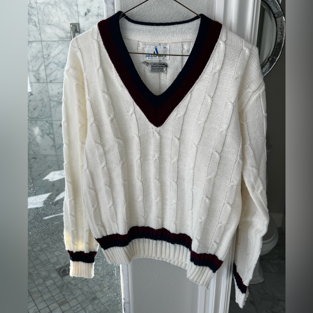 Men’s Medium Cream Cable Knit Sweater Seasport Sportswear - Picture 2 of 12